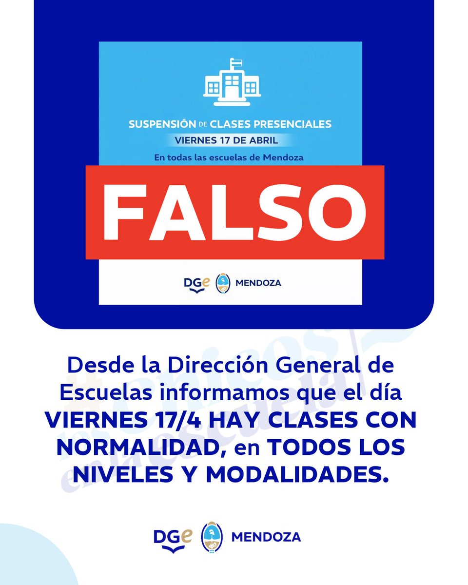 MzaDGE's tweet photo. Importante ⚠️

Informamos que el día viernes 17/4 hay clases con normalidad en toda la provincia.

#EducaciónMendoza https://t.co/WlfHURGM6n