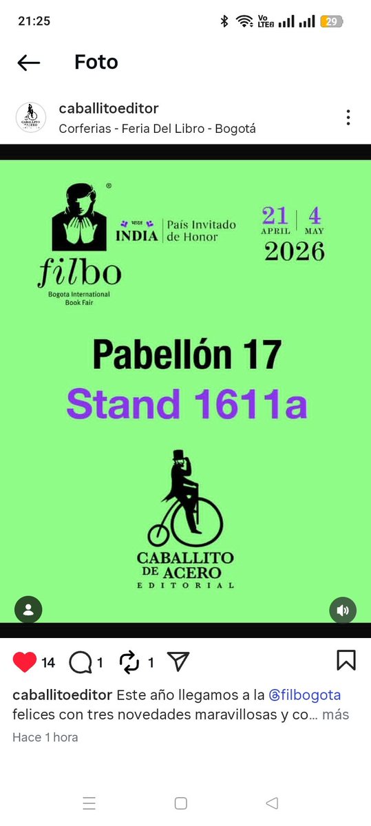 maggie_kaulitz's tweet photo. 2. Oficialmente nos vemos en @FILBogota  con la editorial independiente caballito de acero 🐎  ( @CaballitoEditor )  la única editorial independiente especializada en Deportes. 
Su librera favorita  y confianza los espera en el  Pabellón 17 stand 1611a  #Filbo #Filbo2026 https://t.co/qSudB1IVin