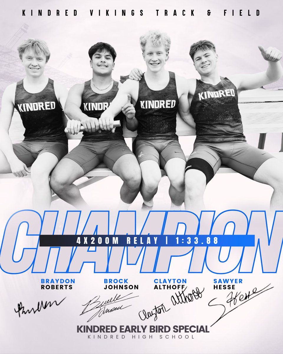 khstrackfield1's tweet photo. 💥STATE QUALIFIER💥
🥇EVENT CHAMPION🥇

The Boys 4x200m Relay ran almost 2 seconds under the SQ standard and won the event today! Great job guys! 🙌🏻

🏆 4x200m Relay
🥇 Braydon, Brock, Clayton, Sawyer
⏰ 1:33.88

#getonthebus https://t.co/cgUK0ZHyWi