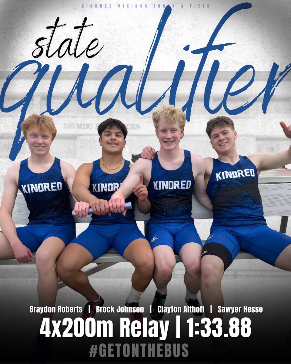 khstrackfield1's tweet photo. 💥STATE QUALIFIER💥
🥇EVENT CHAMPION🥇

The Boys 4x200m Relay ran almost 2 seconds under the SQ standard and won the event today! Great job guys! 🙌🏻

🏆 4x200m Relay
🥇 Braydon, Brock, Clayton, Sawyer
⏰ 1:33.88

#getonthebus https://t.co/cgUK0ZHyWi
