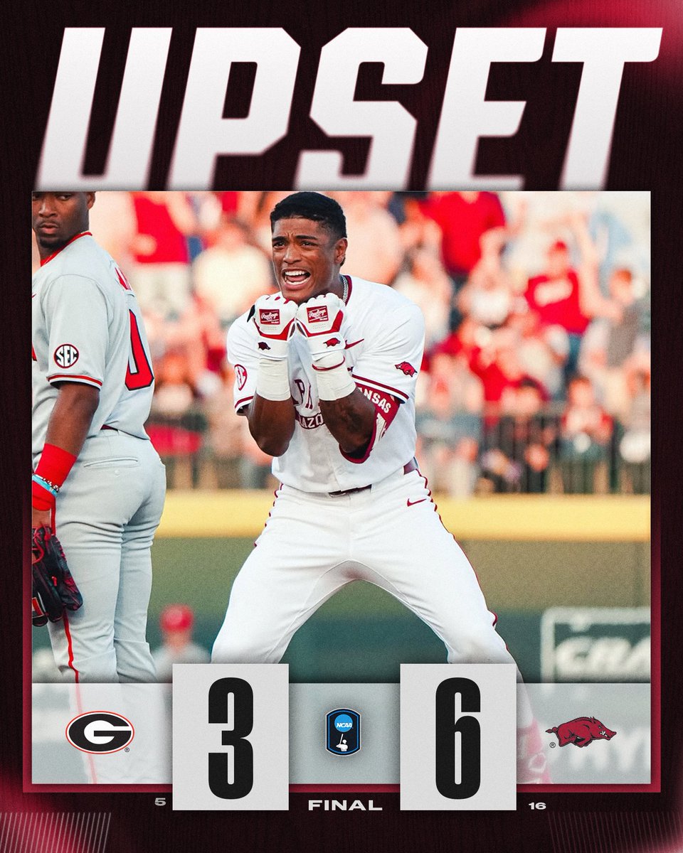 NCAABaseball's tweet photo. Top five DUB‼️😤

No. 16 @RazorbackBSB gets the win in game one of the series, 6-3, against No. 5 Georgia!

#NCAABaseball https://t.co/HL3WiFylCr