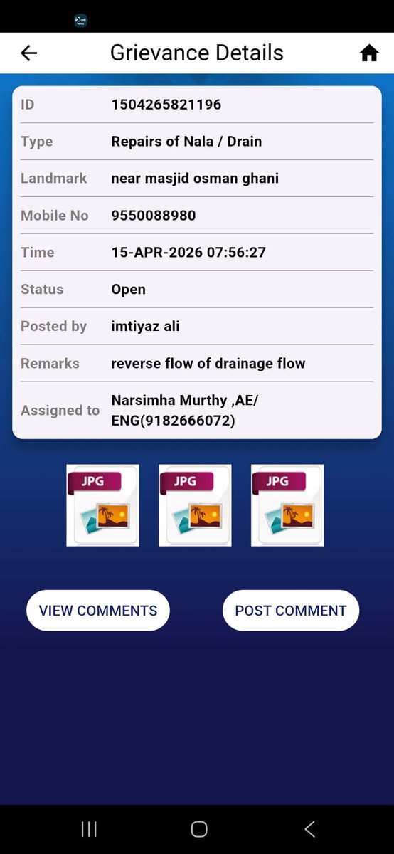 Imtisaba's tweet photo. @HMWSSBOnline @hmwssbgmom16 @hmwssbdgmrjnr @hmwssbmgrhyder Hi team, sewage water is overflowing again, no one has come to fix the issue  Saba Apartment flat 101 Janachaitiniya colony upperpally 
Please resolve the issue urgently and ASAP. Lots of mosquitoes, bad smell here.
See attached complaint request https://t.co/cde88KWSkP