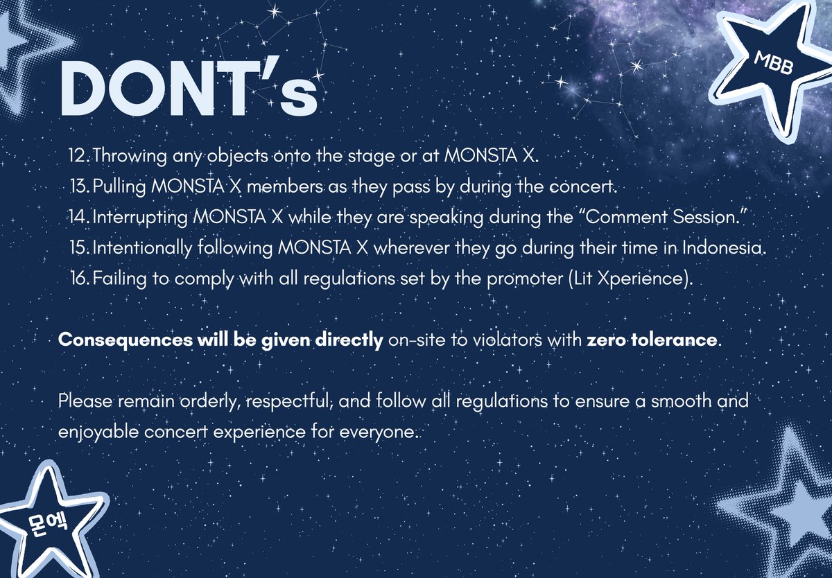- English version

For the smooth of our first concert, please follow the rules and all instructions from the fanbase and promoter <a href="/litxperience/">Lit Xperience</a>, Monbebe 💙

Consequences will given to those who violate the rules WITHOUT ANY TOLERANCE!

So, please follow and obey all existing