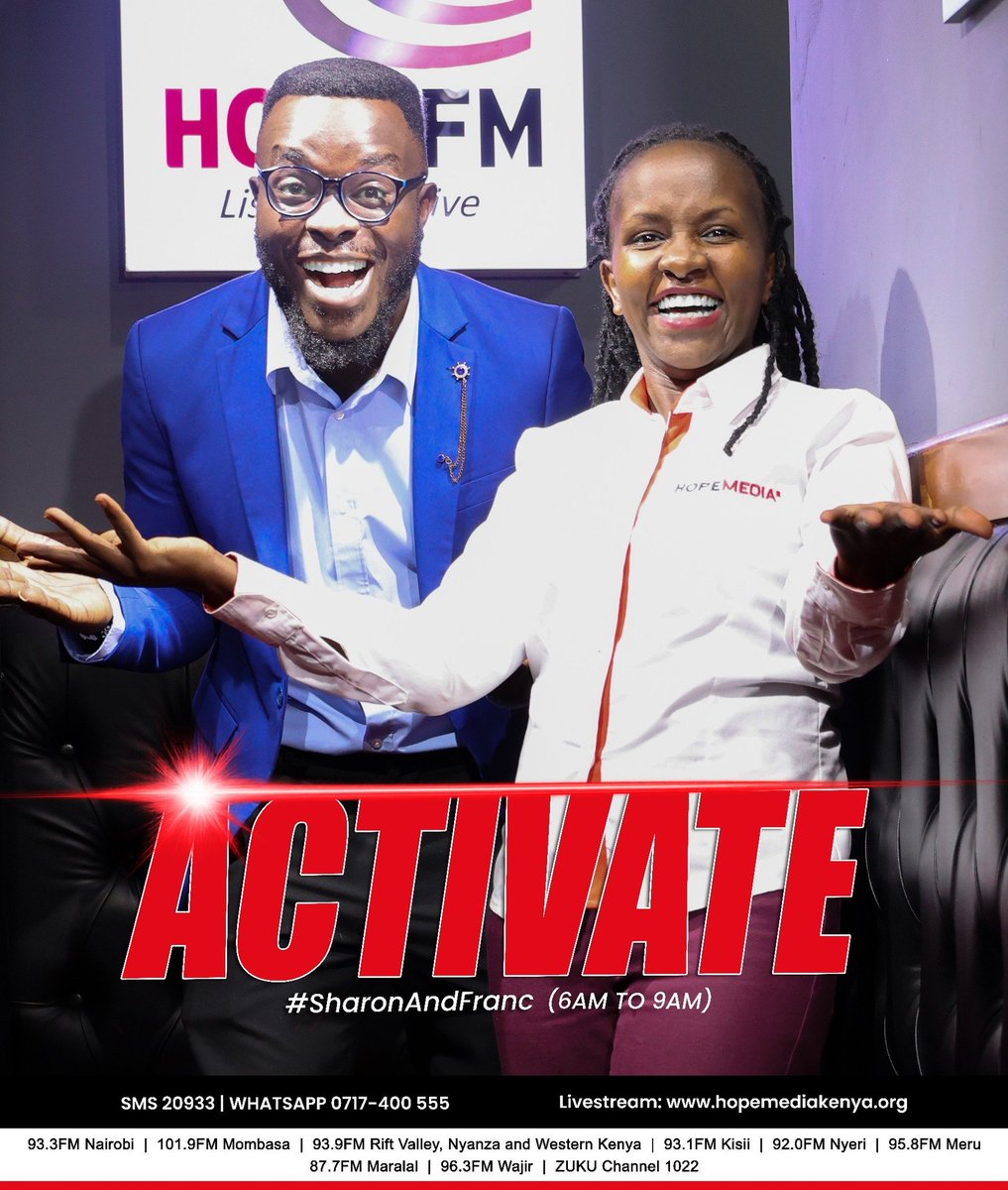 HopeFMLive's tweet image. This Friday, release your worries and receive God’s peace without conditions. 

Invigorate your morning with the unstoppable dynamic duo, @sharon_Naitore &amp;amp; @Favoured_Franc on #Activate.

Good morning? Where are you joining us from?
#SharonAndFranc
#ListenAndLive