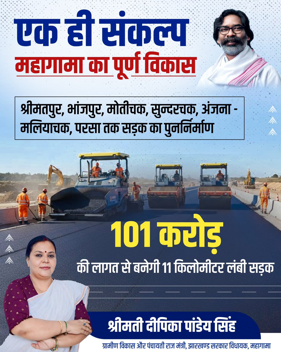 एक ही संकल्प 
महागामा का पूर्ण विकास।

बेहतर सड़कों से मजबूत कनेक्टिविटी, तेज़ी से बढ़ता क्षेत्र। 101 करोड़ की लागत से बनने वाली 11 किमी सड़क, विकास की नई राह।