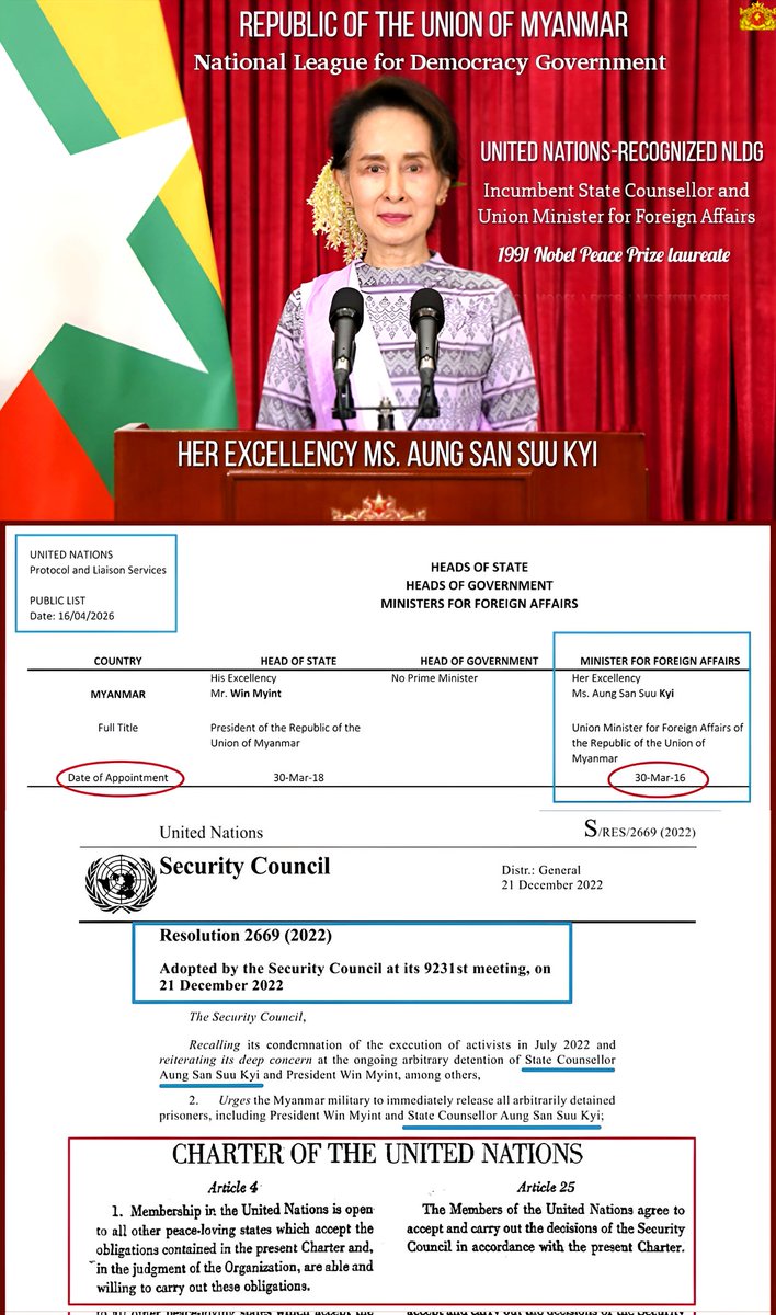 1902DAYS OF KIDNAPPING! H.E. Ms. Aung San Suu Kyi, the 1991 Nobel Peace Prize laureate and former UN Secretariat official, is not a political prisoner. She is the State Counsellor and Foreign Minister of the UN-recognized NLD government and should be released by a UNSC resolution