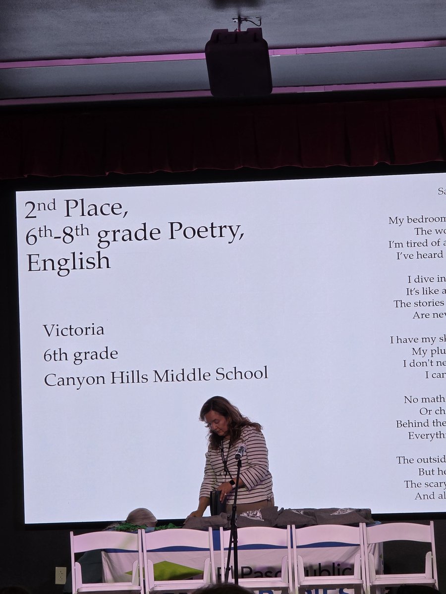 mrleebooks's tweet image. A #CanyonCreative writes her way on stage for the @elpasolibrary #YAP 2026 collection with her poem 'Safe Haven' a 6th grader's view on being at peace in her quiet and safe space where stories are remembered &amp;amp; expressed back on the page #CCMedia #POETICanyon📝 #poetry