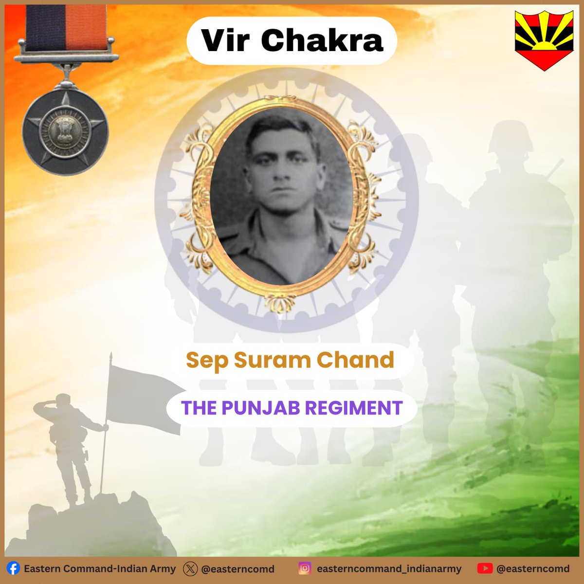 easterncomd's tweet image. #IndianArmy
#EasternCommand
#FearlessFriday
#InTheLineofDuty

On 10 October 1962, Sepoy Suram Chand of 9 PUNJAB was the Bren gunner in a platoon at Tsengjong in NEFA. When the Chinese attacked, he joined the battle with limited ammunition. The attack was beaten back with heavy