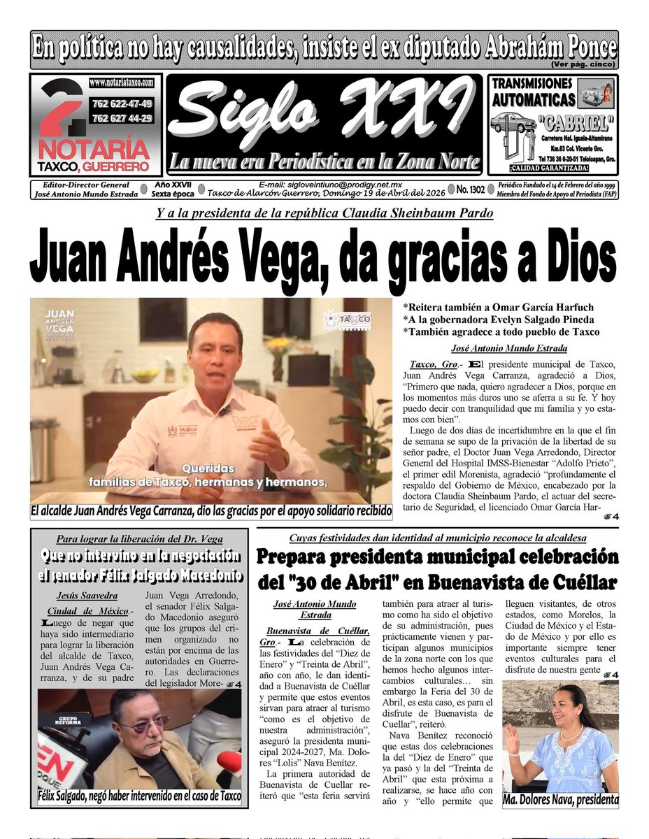MundoEstrada's tweet photo. PORTADA DE LA EDICIÓN REGIONAL #1302 DE FIN DE SEMANA DEL PERIÓDICO SIGLO XXI DE LA CIUDAD DE TAXCO DE ALARCON GUERRERO...   27 AÑOS INFORMANDO A LA SOCIEDAD... DE MANERA RESPONSABLE Y PERIODISTICAMENTE DE CALIDAD!!!  🗞️🗞️🗞️ GRACIAS AMABLE LECTOR!!!... https://t.co/YEsFTvR6wr