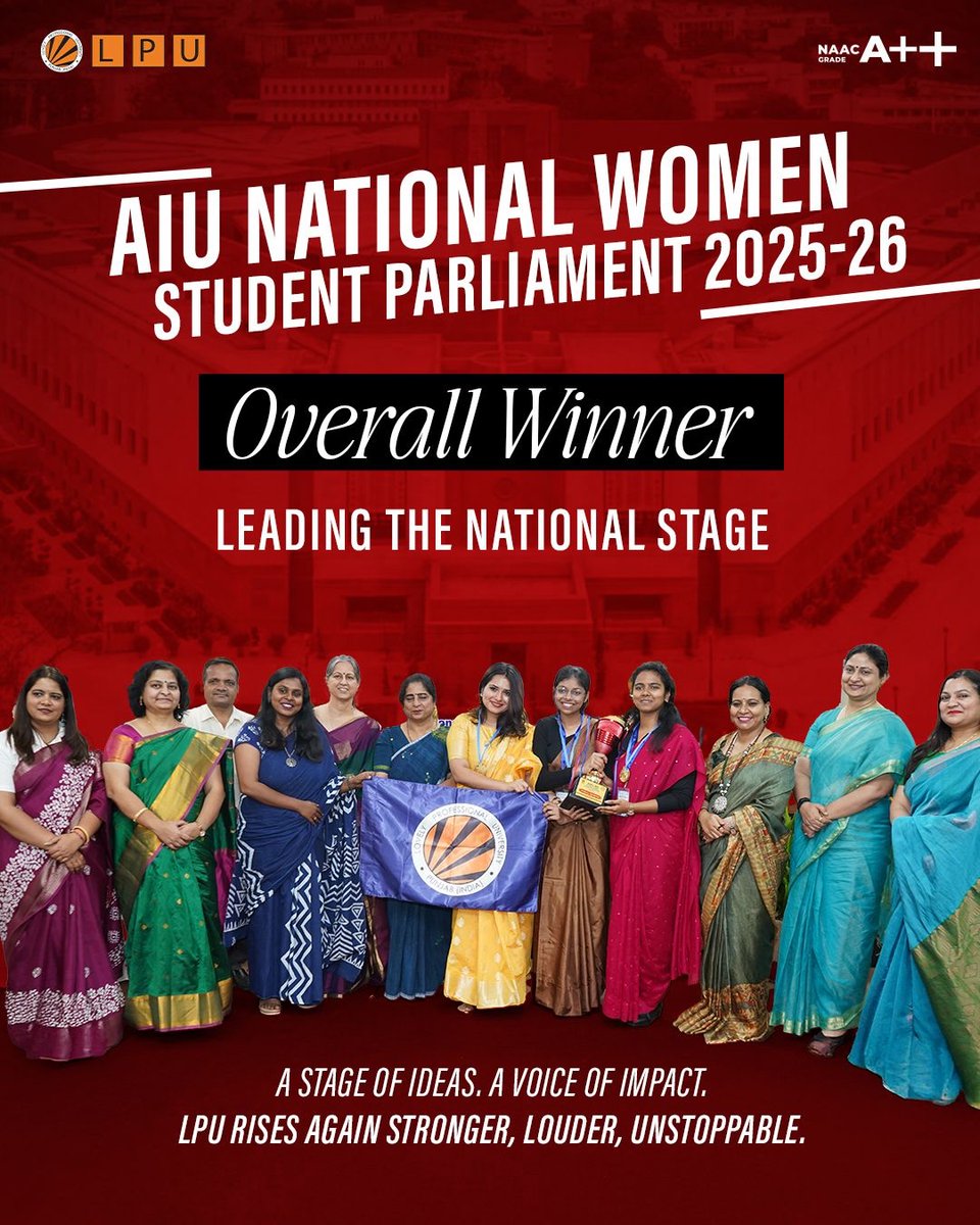 mygobindrai's tweet image. A moment of pride! 🎉Lovely Professional University shines as Overall Winner at the AIU National Women Student Parliament 2025–26, Bhiwani 🏆
With the Best Speaker Award, LPU continues to empower women leaders, nurture ideas, and build future changemakers. #LPU #WomenLeadership