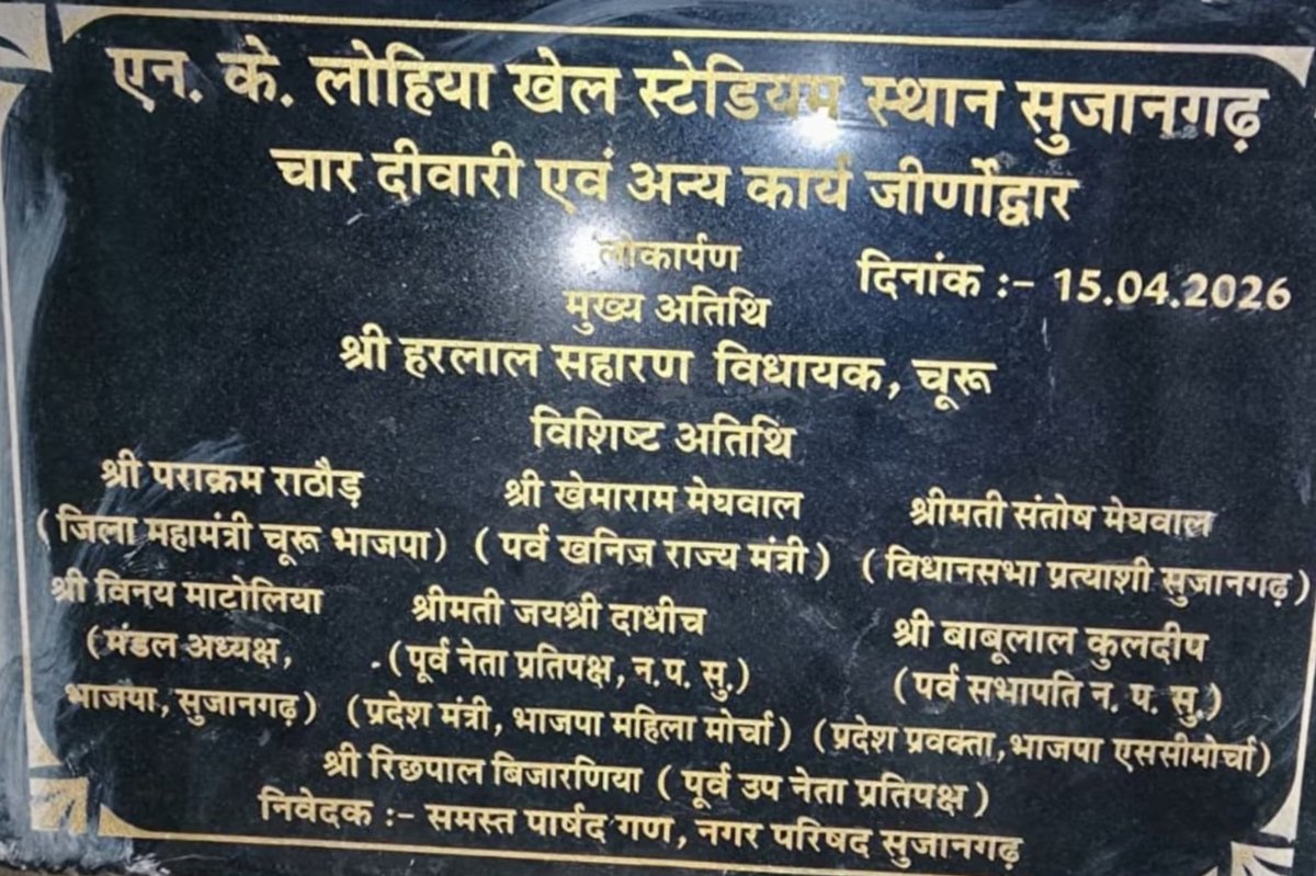 वाह! फीता काटने की होड़ में लगे भाजपाई नेताओं को विधानसभा अध्यक्ष वासुदेव देवनानी के आदेशों की भी कोई परवाह नहीं दिख रही।

सुजानगढ़ विधानसभा क्षेत्र के खेल स्टेडियम जीर्णोद्धार की लोकार्पण पट्टिका पर चूरू विधायक हरलाल सहारण के नाम के साथ भाजपा नेताओं के पुत्रों और अन्य नामों की