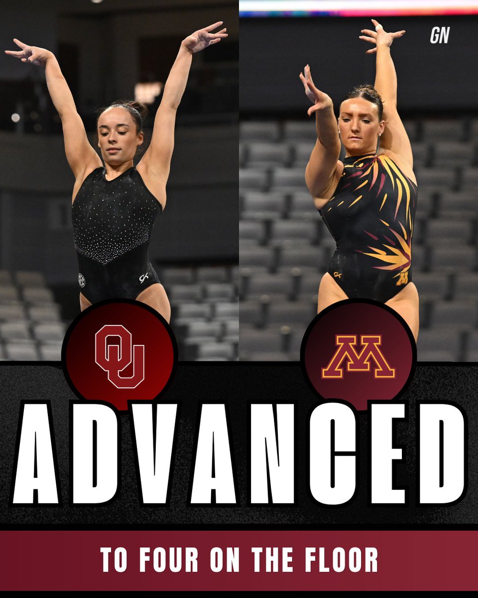 THE DEFENDING CHAMP AND THE CINDERELLA!

For the first time in the history of the Four on the Floor, a team seeded outside the top 10 will contend for the national title as Oklahoma and Minnesota advance!

FINAL from Semifinal 2
1. Oklahoma - 198.300
2. Minnesota - 197.4625
3.