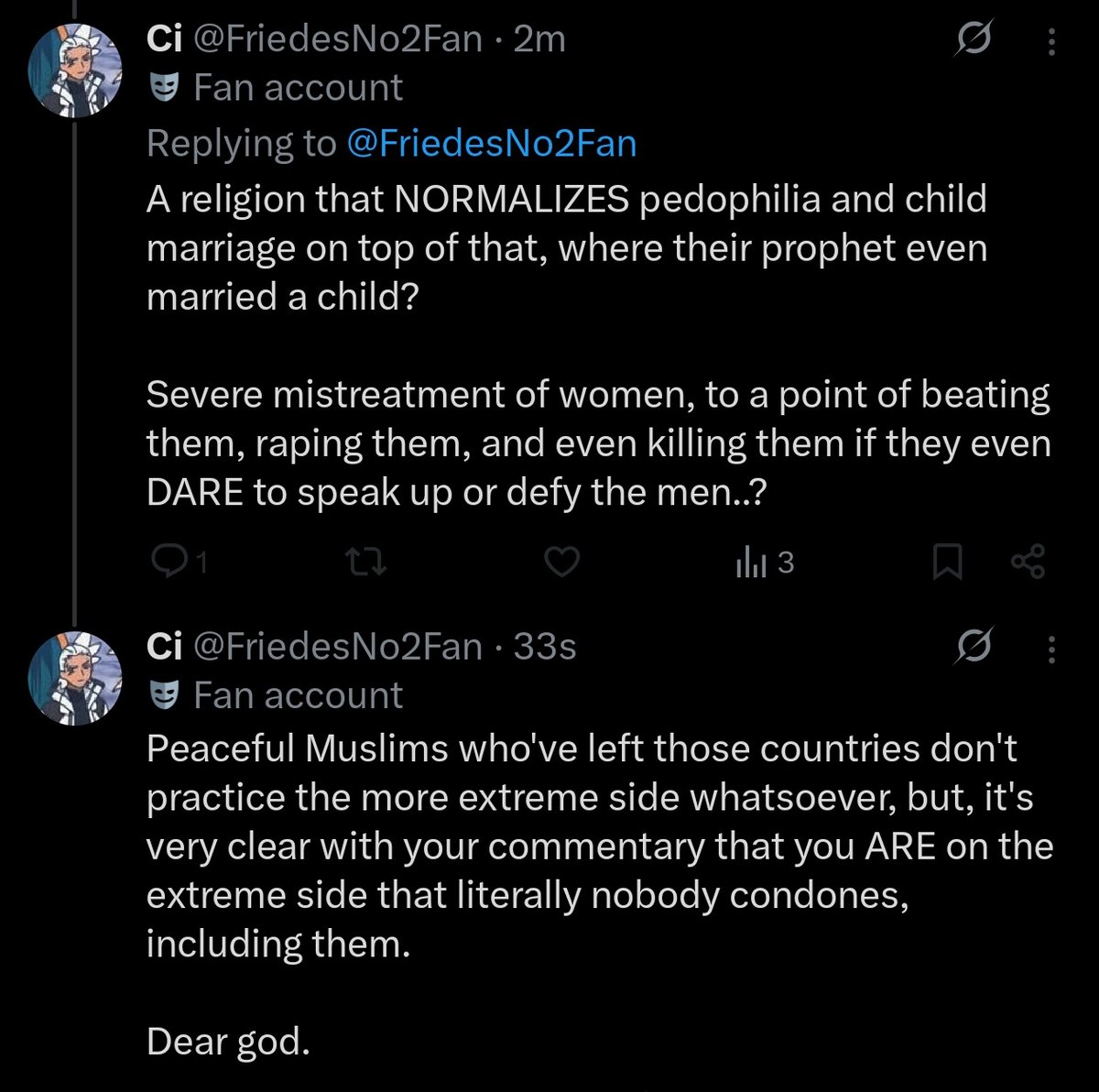 deadboy2026's tweet image. Everyone report this islamophobic creep called @FriedesNo1Fan, he hates islams, Has insulted islam many times, he's just a western woke shit, craving for popularity and he's just a 🏳️‍🌈 pathogen who'll never be a women🤡
There's no place for islamophobes in anipoke #anipoke #fyp