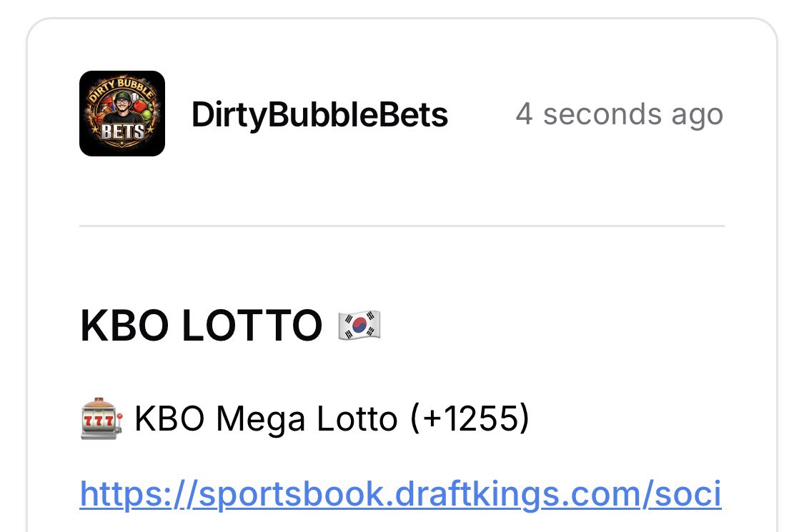 DirtyBubbleBets's tweet photo. KBO +1255 MEGA LOTTO IS LIVE 🇰🇷

Grab Our Entire Card HERE 👇
https://t.co/TSOHJDiQIv

Includes Both The POD &amp; Lotto 💎

10 People Will Get It For FREE ❤️

Like + RT + Comment "KBO King" 👑 https://t.co/SjKrJdMuXd