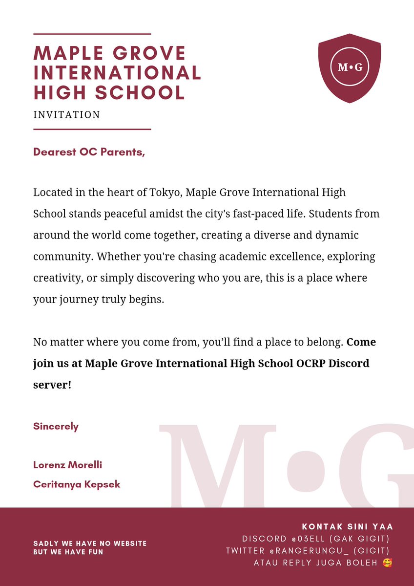 Halo, ada yang tertarik dengan RP sekolah? Ayo daftarin ocs! kalian sekolah dengan join server dc di bawah! Di sini kita RP santai dengan tema slice of life yaaa 🤗

Kalau berminat join silahkan gedor:
Admin 1: @/03ell (dc)
Admin 2: @/rangerungu_ (twt)