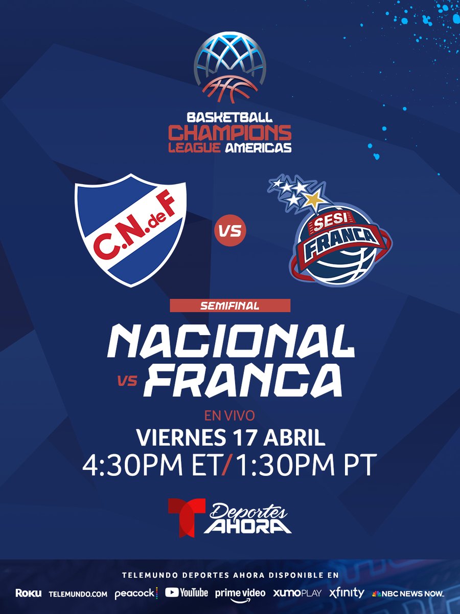 TelemundoSports's tweet image. 🔥 YA COMIENZA partido de Semifinal de la Champions League Americas 

🏀 Nacional 🇺🇾 vs. Franca 🇧🇷
📺📱Telemundo Deportes Ahora ➡️  tlmdo.co/3QtegUO

#FIBA #Basketball #ChampionsLeagueAmerica
