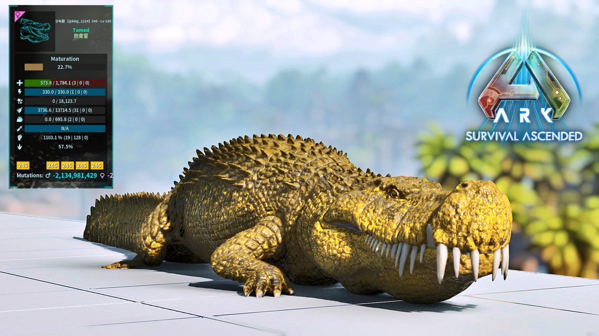 king_1224's tweet image. ゴールド統一ワニさんついに完成！🐊
最後の一部位がなかなか出てくれなくて1年くらいかかってしまった…
デイノスクスはASAで初めて変異厳選の相棒に選んだ子だから感慨深い…  
ステも載せて、いろんなボス戦に連れていきたいな🐊

#ARK