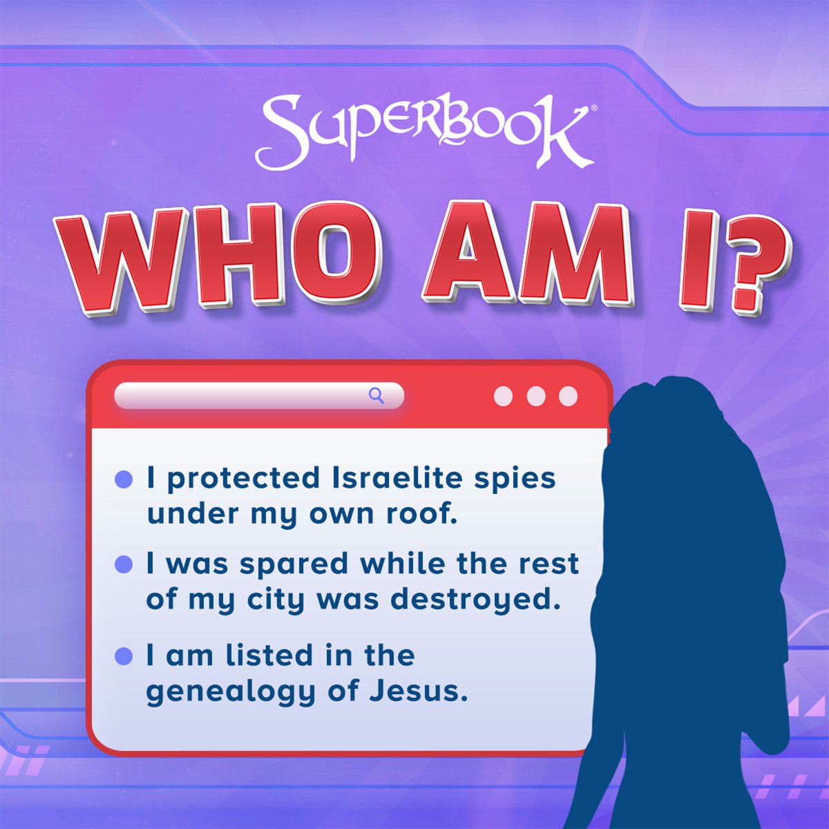 SuperbookTV's tweet photo. Today’s #WhoAmI character can be found in the Book of Joshua! 📖
Reply your answer below! ⬇️
#DailyGames #GamesForKids #GizmoGames #BibleTrivia
.
.
.
.
.
SUPERBOOK
Bringing Bible Stories and Jesus' love to kids everywhere
Series + App + Academy + Outreach https://t.co/2ZE9Lo1yq3