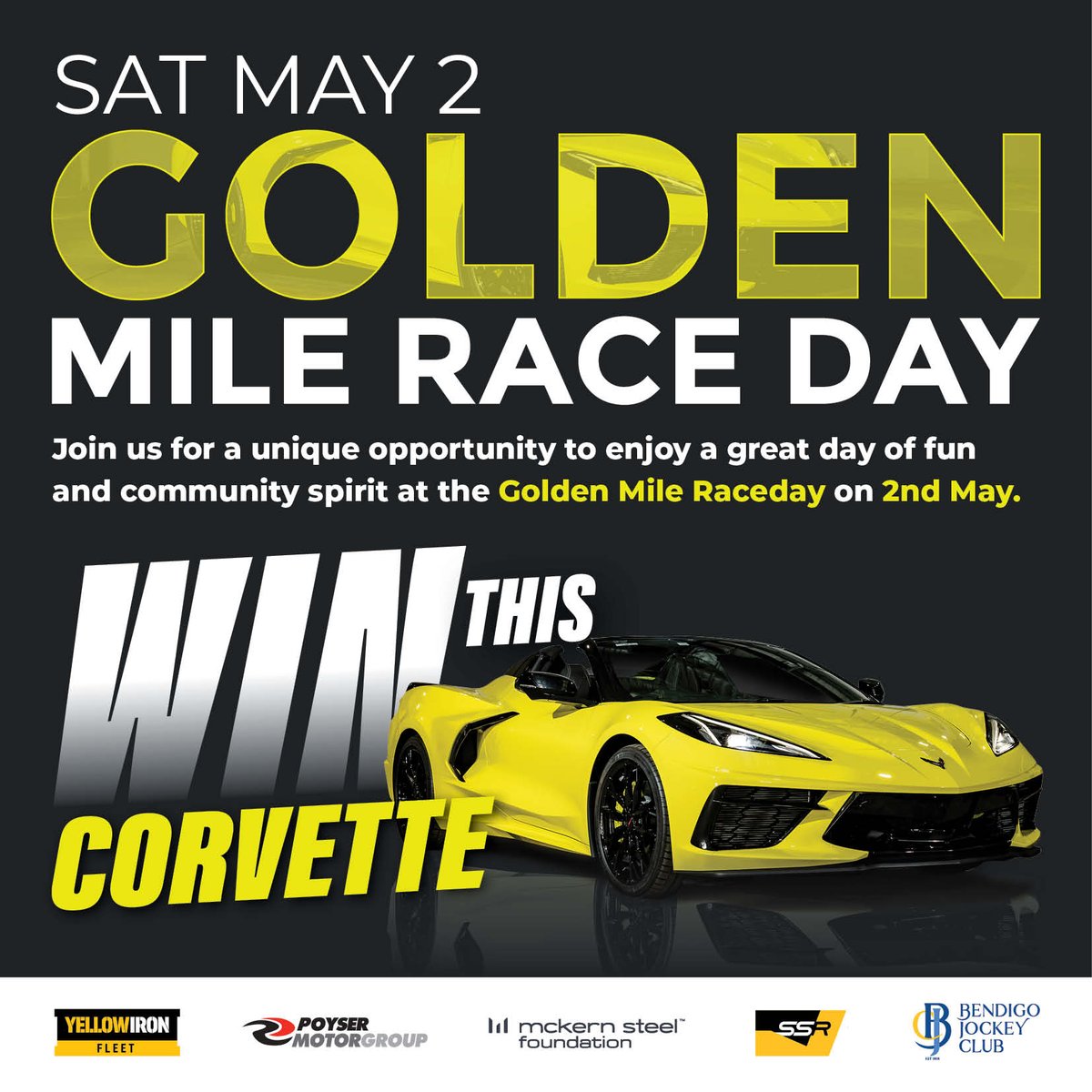 _BendigoJC's tweet photo. The BJC are proud to be supporting the Bendigo Health Foundation & the Corvette for Cancer initiative as part of our @ladbrokescomau Golden Mile Day. 
The Corvette for Cancer raffle directly funds cancer services at Bendigo Health including equipment, nurses, treatment, research, accommodation and palliative care.
In true golden fashion, the yellow Chevrolet Corvette will be on course and you can purchase tickets into the raffle on race day. The incredible prize pool exceeds $321,000.
Bring your family and friends and come and join us for a great day of entertainment and community spirit.

📅 Saturday, 2 May 2026
🚪 Gates open at 11am
🎫 Golden Mile Tickets: https://t.co/188ynDaceK
🔗 Corvette for Cancer raffle: https://t.co/mlsYjhlfvc

City Racing. Country Atmosphere. 🏇
