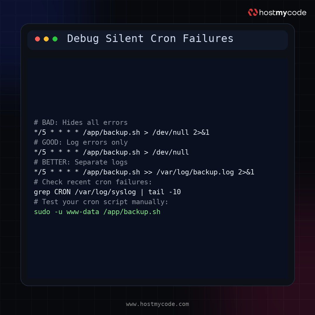 HostMyCode_IN's tweet photo. Stop missing critical cron failures! Redirecting stderr to /dev/null silently kills error visibility. Log errors properly to catch backup failures, API timeouts, and permission issues before… #CronJobs #ServerAdmin https://t.co/Ko2VCTzTlm