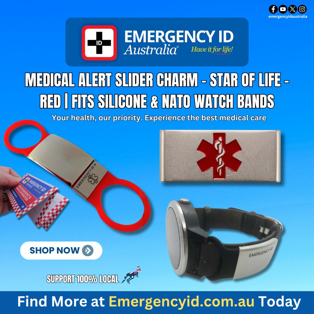 EmergencyIDAust's tweet image. Upgrade your everyday safety with the Medical Alert Slider Charm Star of Life  Red, designed to fit silicone and NATO watch bands.

emergencyid.com.au/shop/bracelets…
 #medicalalert #watchbandid #emergencyid #staroflife #medicalid #healthsafety