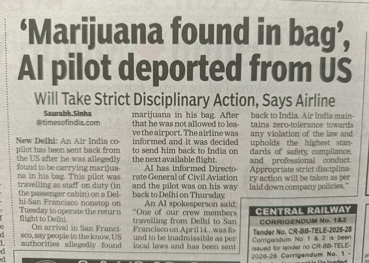 sjlazars's tweet image. This is absolutely crazy ! A @timesofindia story by @27saurabhsinha ! AI pilot with marijuana in his bag. #aviation #avgeeks