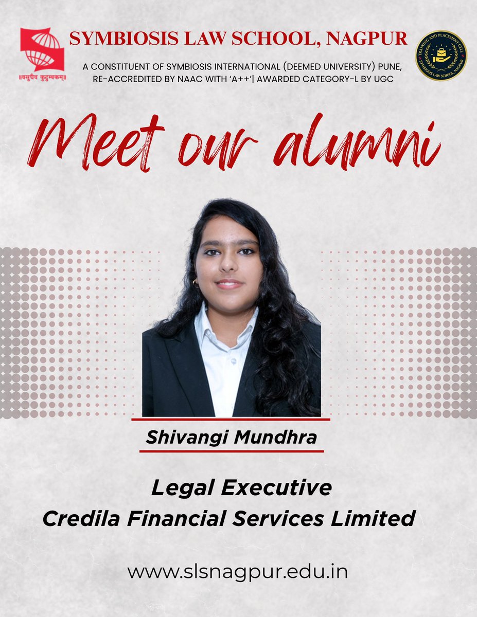 Alumni Spotlight 
Shivangi Mundhra, now with Credila Financial Services Ltd, continues to inspire with her dedication and excellence.

#SLSNagpur #AlumniSpotlight