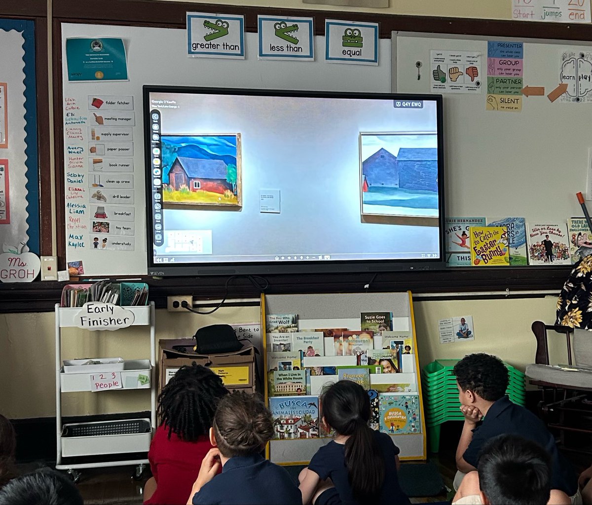 Ms_DGroh's tweet photo. We are continuing our historical figure study of Georgia O’ Keeffe 🌷 Today we read a biography and took a virtual field trip to a Georgia O’ Keeffe art exhibit in a museum in Mardid, Spain! 🎨 Students then made a text to self connection in their research journals! #firstgrade https://t.co/9PiOnS3l0n