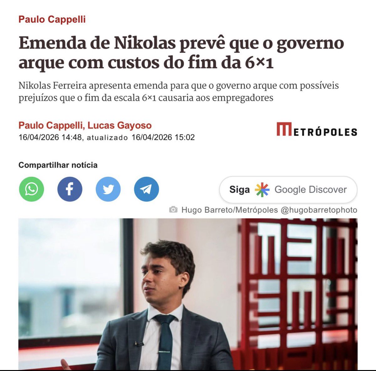 ABSURDO!
Nikolas Ferreira quis barrar o fim da escala 6x1 com uma tal de “Bolsa Patrão”: traduzindo, jogar a conta nas costas de quem já tá sendo explorado. 

E ainda vendem isso como “solução”. Tem quem aplauda, acredita?