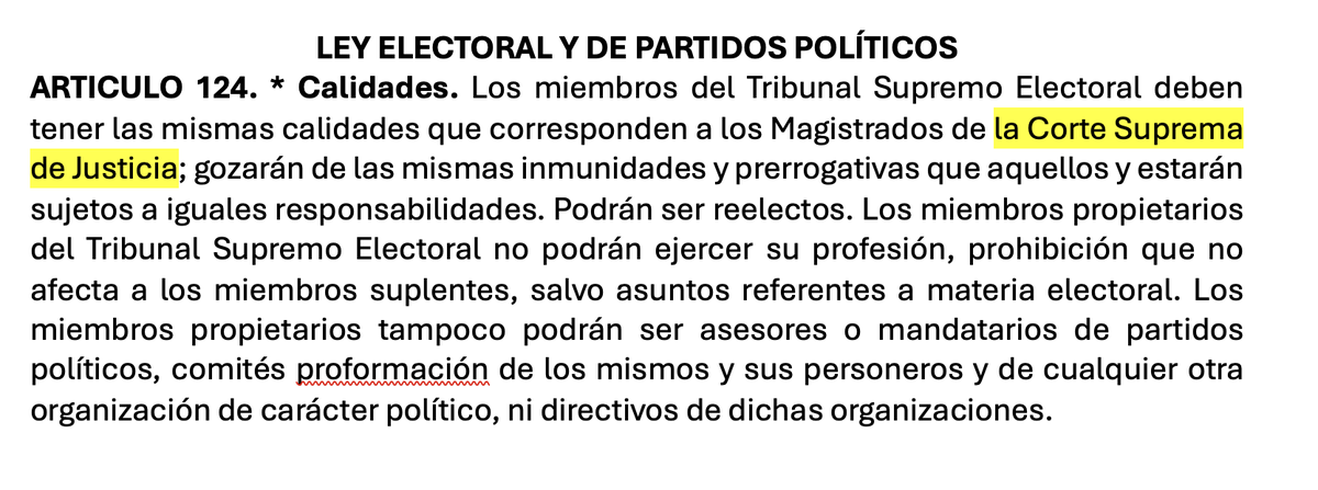edgar_ortizgt's tweet photo. 10/ El mismo problema aparece en la Ley Electoral y de Partidos Políticos. Su artículo 124 dice que los miembros del TSE deben tener las mismas calidades que los magistrados de la CSJ… y al mismo tiempo dice que los miembros propietarios no podrán ejercer su profesión. En la comisión de postulación de enero, nadie cuestionó que participaran jueces de primera instancia. ¿No les importaba la Constitución en enero ya hora sí?
