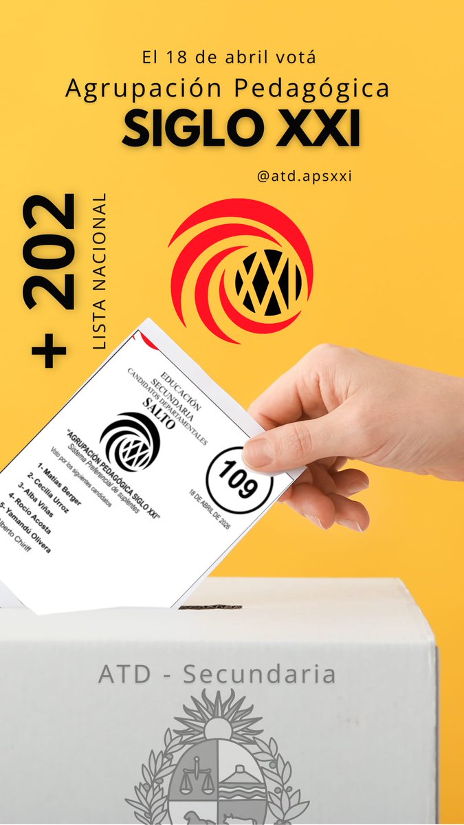 En Salto, votamos 202 + 109. 

Agrupación Pedagógica Siglo XXI. Un colectivo independiente de todo compromiso político-partidario.

#ATD2026
#ATDSecundaria
#AsambleaTécnicoDocente