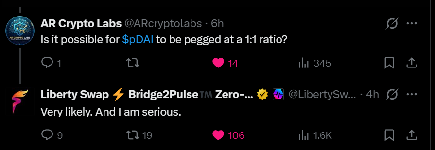 ❤️💛💚💙

LibertySwap just posted that it is possible and likely for pDAI to peg to 1:1 ratio
