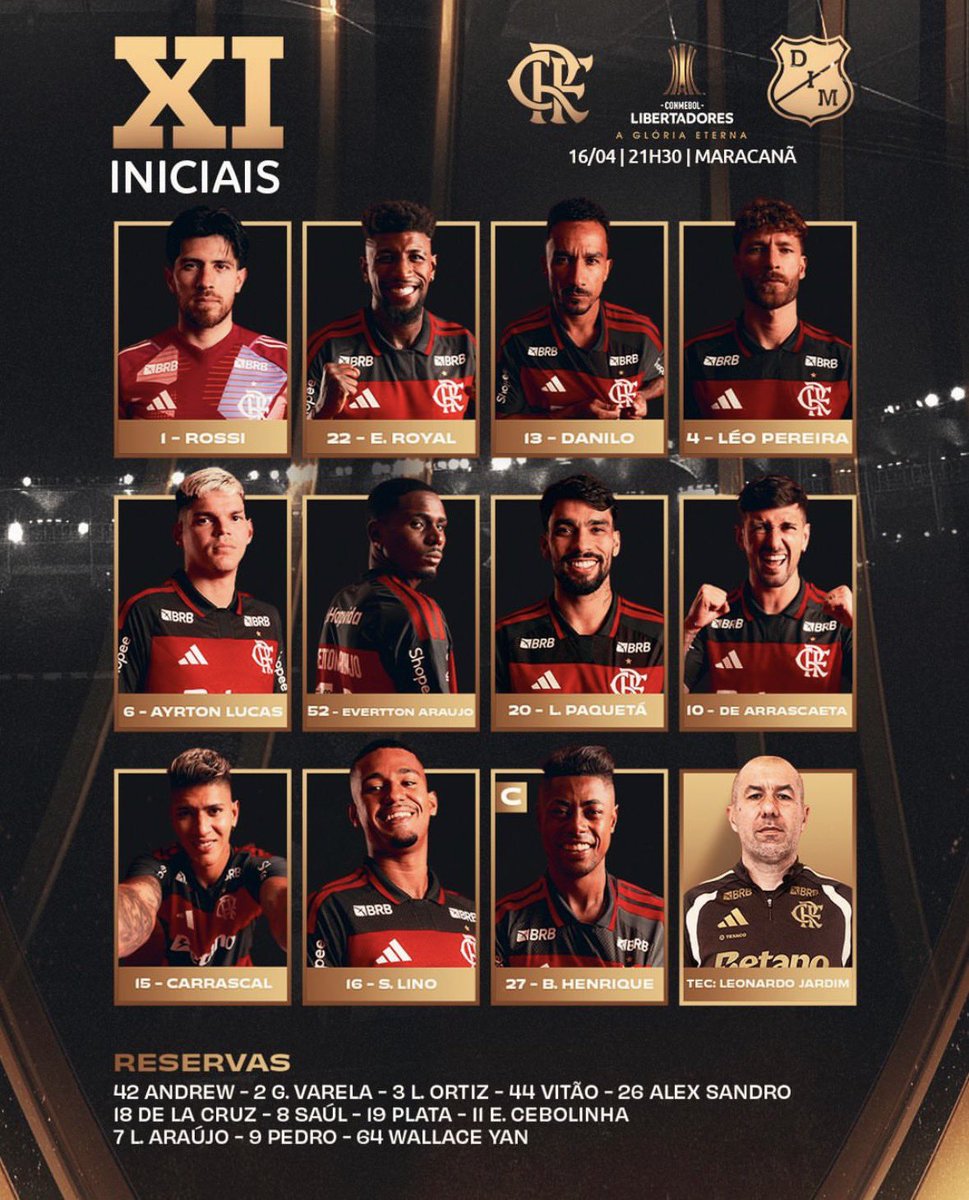 🚨👀 Flamengo modificado para enfrentar o Medellín pela Libertadores. 

 Varela, Ortiz, Alex Sandro e Pedro que começaram no clássico contra o Fluminense foram poupados hoje. 

Domingo (19) enfrenta o Bahia, às 19h30, no Maracanã.