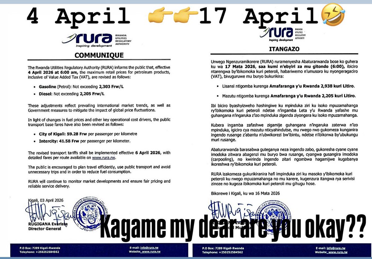 sheilakamuzinzi's tweet image. 🚨 April 2026 #RURA fuel communiqués expose delusion and frustration in @PaulKagame ’s regime.

IMAGINE:
1. TWO PRICE HIKES IN 14 DAYS
April 3:
➡️ Petrol jumps ~16% to 2,303 Frw/L
➡️ Citizens told to “avoid unnecessary trips”
April 17:
➡️ Petrol rises again to 2,938 Frw/L
➡️