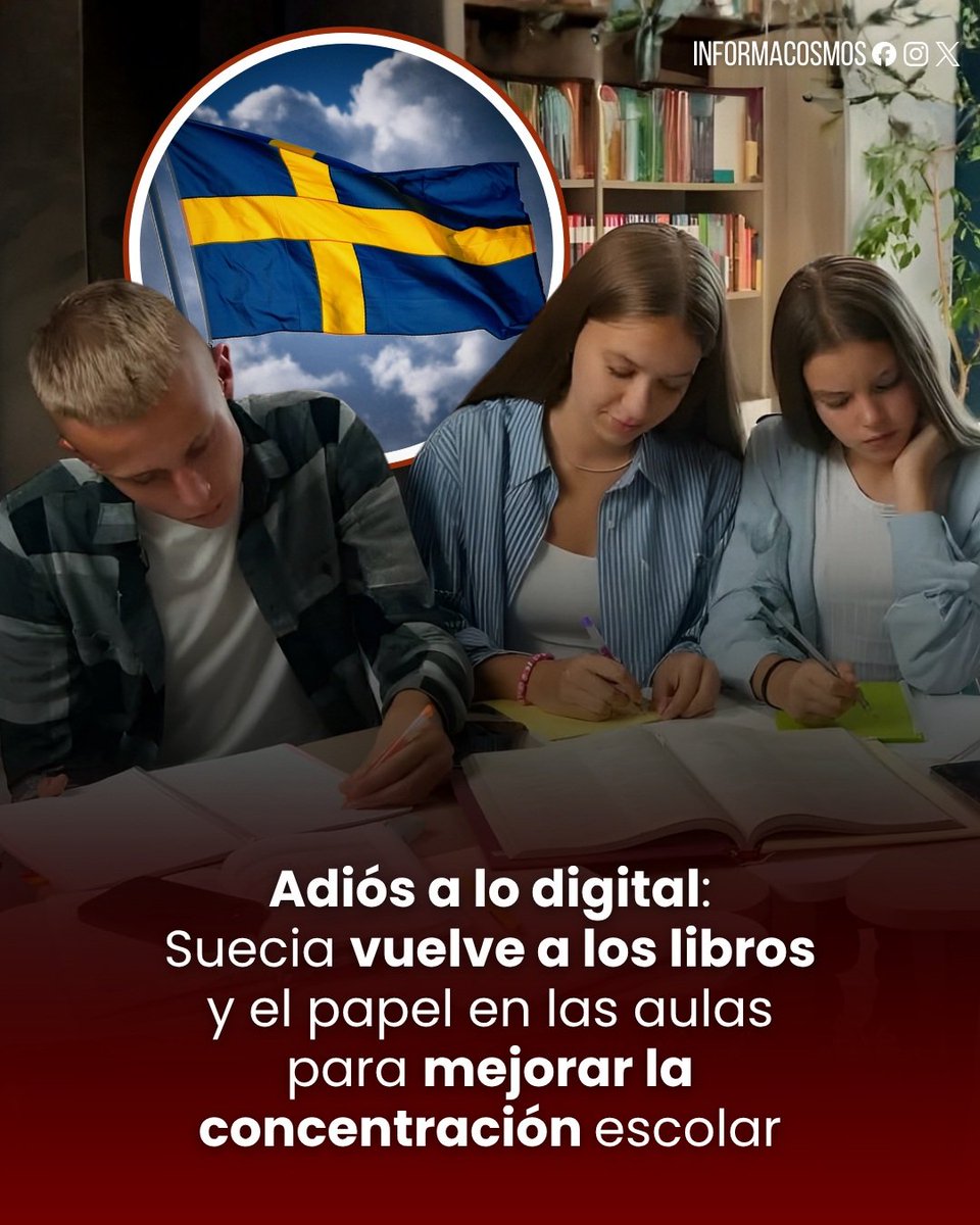 omneco's tweet photo. Suecia ha decidido retomar el uso prioritario de libros físicos, papel y bolígrafos en las aulas para combatir el descenso en los niveles de comprensión lectora de los estudiantes.

Esta transición ocurre basándose en estudios que señalan que el uso excesivo de pantallas puede afectar el desarrollo cognitivo y la concentración de los niños.