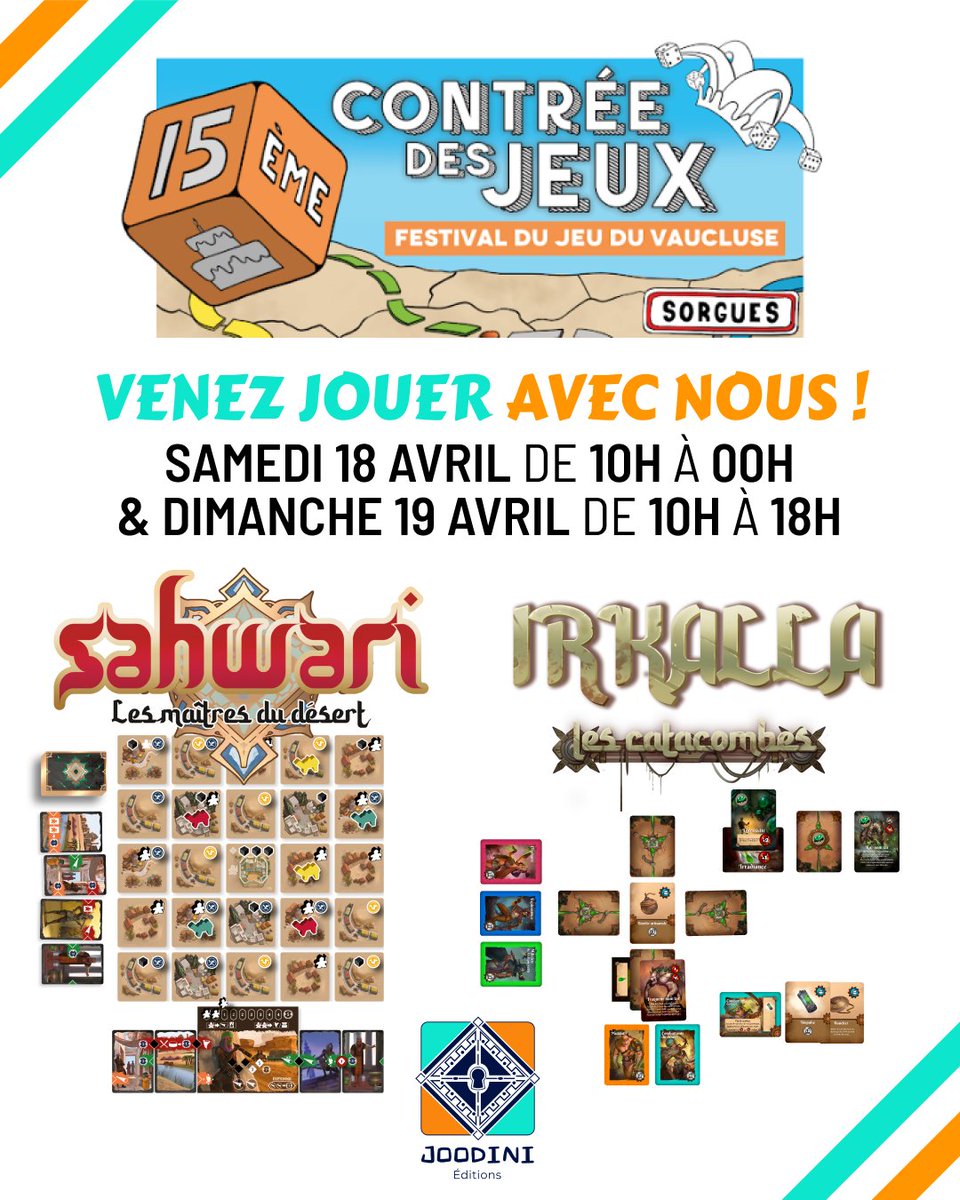 JOODINI_Edition's tweet photo. Holà ! Retrouvez-nous ce week-end au festival Contrée des jeux !
Venez découvrir Irkalla, notre prochain jeu… et (re)découvrir Sahwari 👀
On a hâte d’échanger avec vous autour de la table !

#jeudesociete #boardgames #festival https://t.co/NH5ySd7KqJ