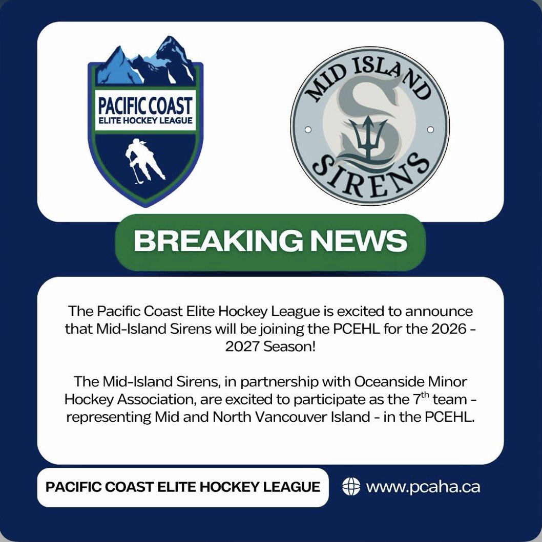 More exciting news from the Pacific Coast Elite Hockey League!

Welcome to the Mid Island Sirens!

📸 PCEHL