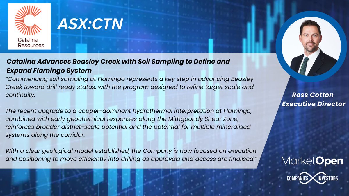 MarketOpenAUS's tweet image. $CTN Catalina Resources has commenced soil sampling at the high-priority Flamingo target at Beasley Creek. The program is set to refine the geochemical footprint and define scale for future drilling. 

@Stew_Walters 

#ASX #Mining #Exploration #CTN #BeasleyCreek