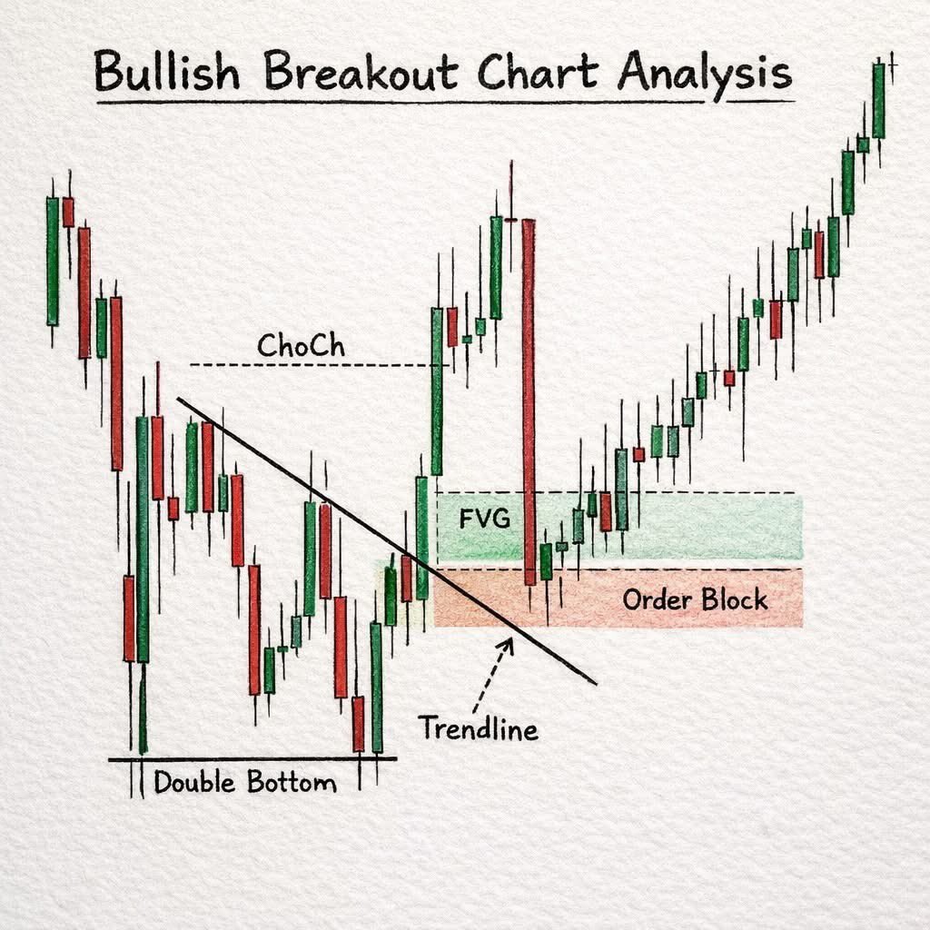 The Real Secret Behind Strong Bullish Breakouts 🚀
Smart traders don’t chase — they wait for structure to align.
This setup combines:
✔ Double Bottom
✔ Trendline Break
✔ Change of Character (ChoCh)
✔ Fair Value Gap (FVG)
✔ Order Block Support
