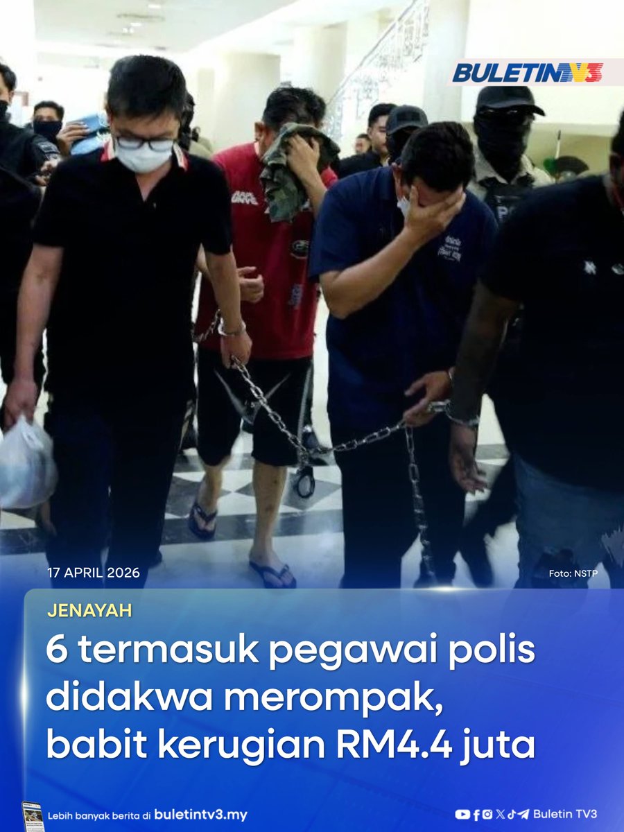 BuletinTV3's tweet image. JENAYAH | Seorang pegawai polis berpangkat Deputi Superintendan (DSP) antara enam lelaki dihadapkan ke Mahkamah Sesyen Kuala Lumpur, atas tiga pertuduhan mengacukan pistol dan melakukan rompakan secara berkumpulan.

#BuletinTV3 #Jenayah #Rompakan #Pistol 

Berita penuh di