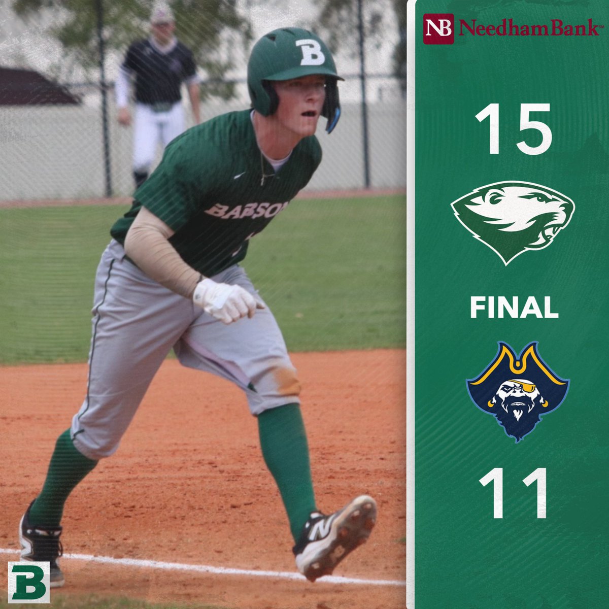 BabsonAthletics's tweet photo. Bobby Christensen went 3-for-5 with a double, Ryan Grace hit a two-run HR and Jack Moses and Ian Laforest added two hits apiece as @BabsonBaseball built an 11-run lead on the way to beating @UMassDAthletics 15-11 on Thursday. #GoBabo #d3baseball https://t.co/9UVnJ0HyBB