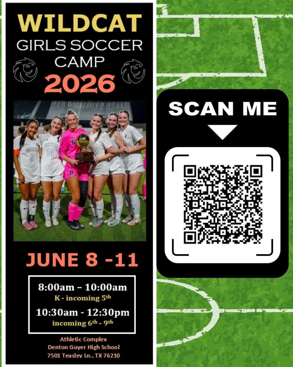 Guyer_GSoccer's tweet image. Lady Wildcat Summer Camp 2026 is almost here! ⚽️☀️🔥 Scan the QR code to register now! Space is limited! #GSOC #Camp2026 #differentbreed #southside #summertimesoccer @DentonISDSports @dentonisd @GHS_Wildcats @sports_drc @ctgdentoncounty @creolehammer17