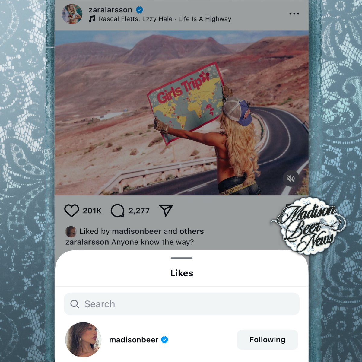 Madison Beer has liked Zara Larsson’s post teasing features on her deluxe album by their origins on the map.

Long Island, NY is marked with a flower, which is Madison Beer’s origin nature.