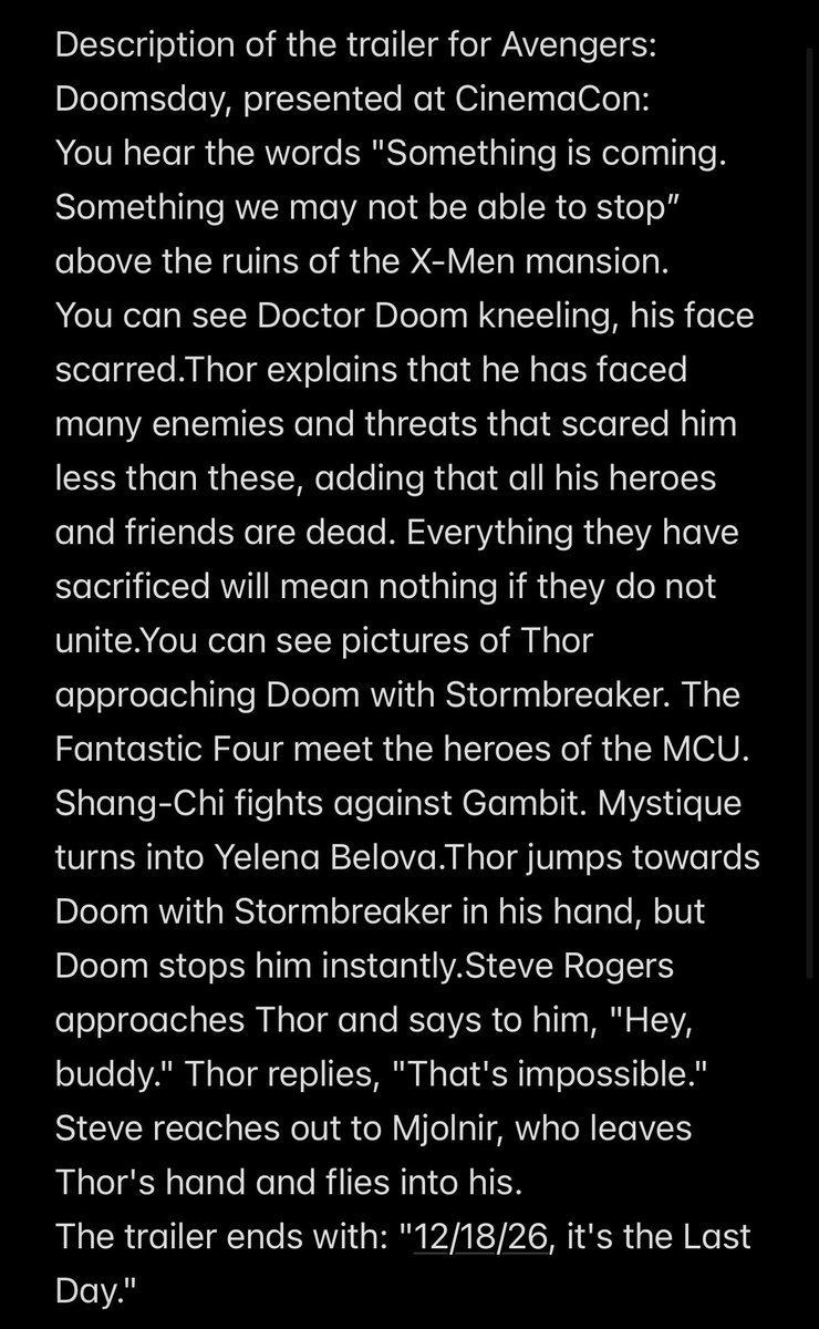 GoodCBMtakes's tweet image. Full Avengers Doomsday Trailer description: 

Gambit vs Shang-Chi
Thor vs Doom
Mystique turning into Yelena

#Avengersdoomsday #Avengers