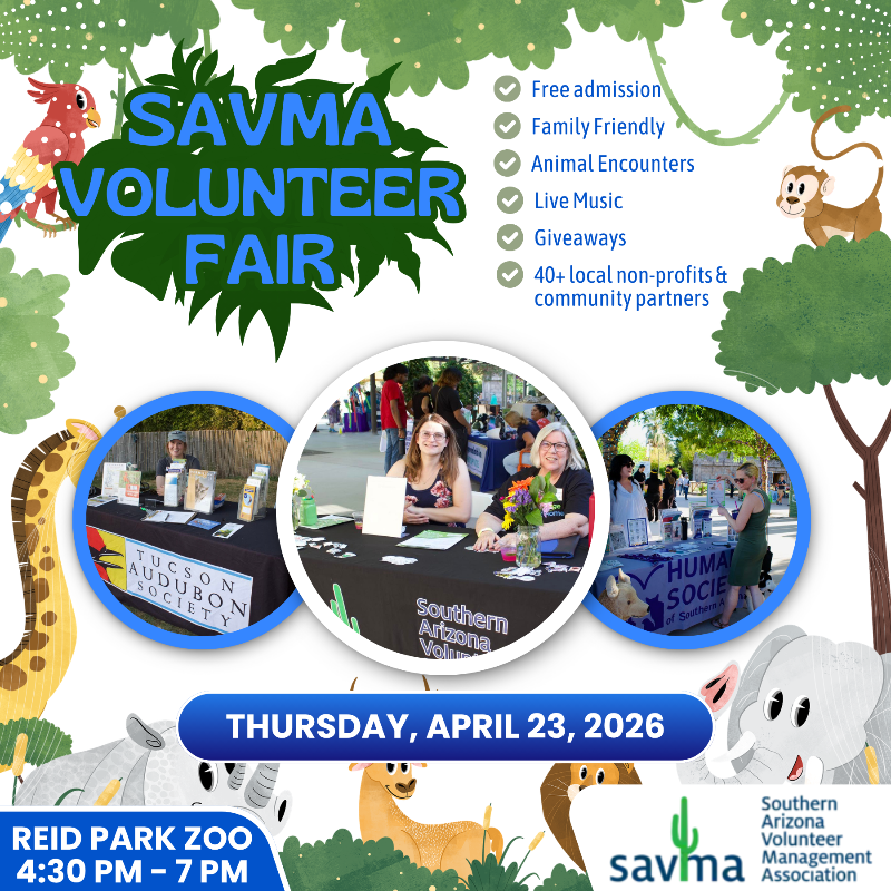 ReidParkZoo's tweet image. In recognition of #NationalVolunteerAppreciationWeek Savma- Southern Arizona Volunteer Management Association is hosting their Volunteer Fair at Reid Park Zoo, Thursday April 23. From 4:30 - 7 p.m. visit the Zoo for free &amp;amp; meet with over 40 local nonprofits looking for volunteers