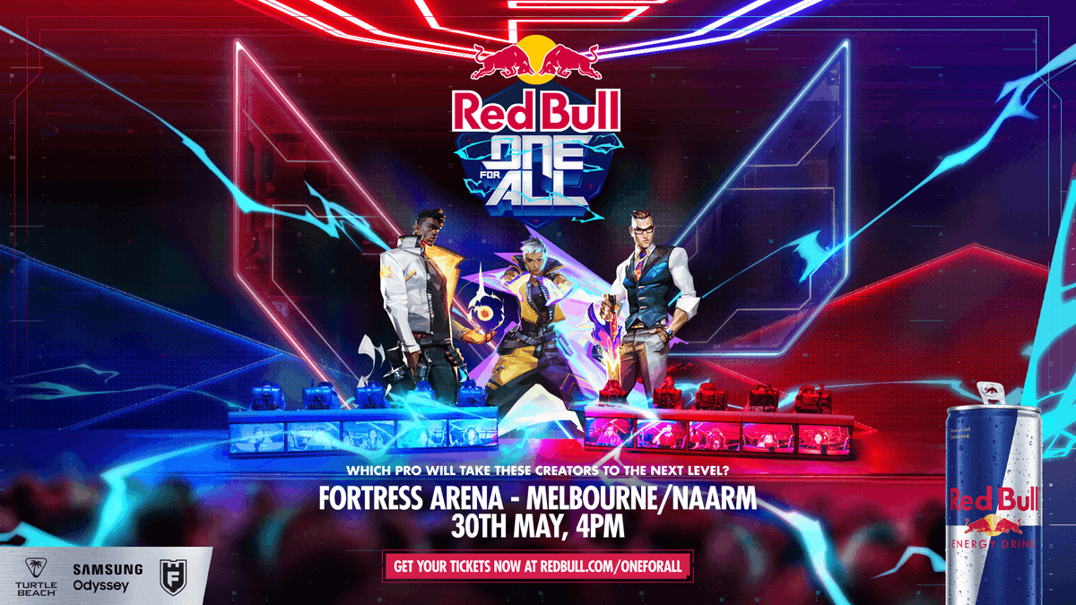 redbullau's tweet image. we run it back ⚡

creator teams and pro plays - who will secure the win at Red Bull One for All 2026? 👾🏆
📍 @FortressMelb 
🗓️ Saturday, May 30th @ 4pm

#redbulloneforall #gaming #VALORANT #eSports