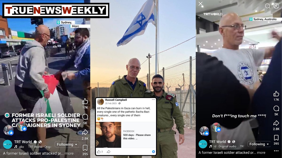 TrueNewsWeekly's tweet photo. ☠️🇮🇱 SKELETOR OF GENOCIDE UNLEASHED ON AUSSIE STREETS! Recently Returned ‘Tall, Bald IDF Soldier’ Russell John Campbell To Face Court Over Alleged Anti-Palestinian Violent Rampage In Western Sydney But Authorities Collude to NOT CHARGE Him With Any Hate Crimes 🇮🇱☠️

EXCLUSIVE: The Australian government, police and corporate media are covering up the disturbing fact that Israeli soldiers are slowly returning from the genocide of Palestine and filled with unhinged psychopathic genocidal rage are now targeting ordinary Aussies as unwitting victims of their hateful violence; with the upcoming court case in Sydney of recently returned ‘tall, bald IDF soldier’ Russell John Campbell serving as one chilling example. @SerkanTheWriter reports.

53-year-old IDF soldier, Russell John Campbell — who only returned to Australia from assisting Israel with its genocide of Palestine in January 2025 — will face Parramatta Local Court on Wednesday, April 22 after being charged with common assault and intimidation over an unprovoked violent assault of a pro-Palestine advocate in western Sydney late last month, vision of which went viral around the world. 

Campbell, however, has somehow escaped any charges related to the newly installed hate and extremism laws, despite his anti-Palestinian stance and intent being clear during the videotaped assault in Merrylands on Saturday, March 28 and his own public posting of genocidal and violent hatred about Palestinians just a year before the incident, where he openly stated about how he wanted “every single” Palestinian in Gaza to “burn in hell”.

📚👇🏻 Read the Full Story 👇🏻📚
https://t.co/Oqy0N6Hubw