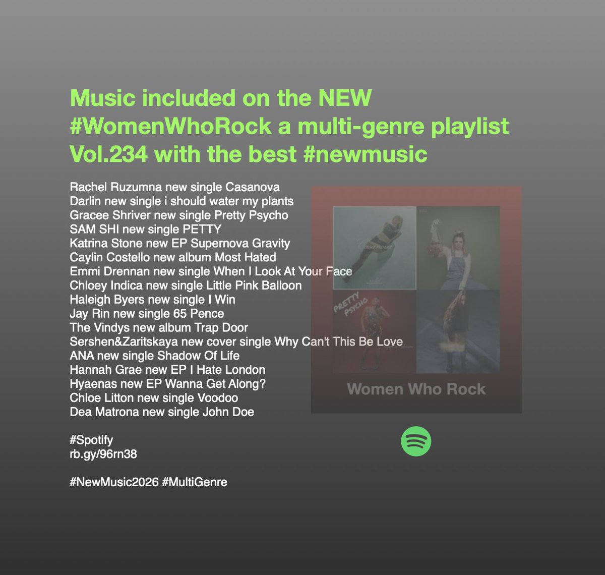 ScottKash88's tweet photo. Music included on the NEW #WomenWhoRock a multi-genre playlist Vol.234 with the best #newmusic 
@katrinastone
@emmidrennan
@haleigh_byers
@jayrinmusic
@TheVindys
@anabandofficial
@HannahGraeMusic
@hyaenas
@DeaMatronaBand

#Spotify
https://t.co/3NR5yClarP

#NewMusic2026 https://t.co/jn2833bpmK