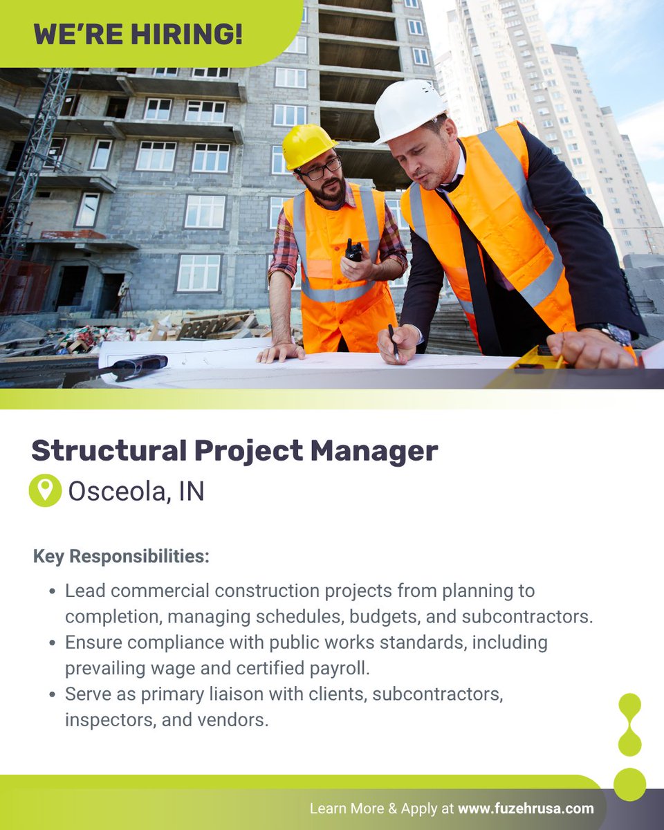 FuzehrUSA's tweet image. Fuze HR is recruiting! Structural Project Manager / Senior Project Manager – Osceola, IN

📧 Apply today: ow.ly/VYxJ50YFP38

#StructuralEngineering #ProjectManager #CivilEngineering #FuzeHR #OsceolaJobs