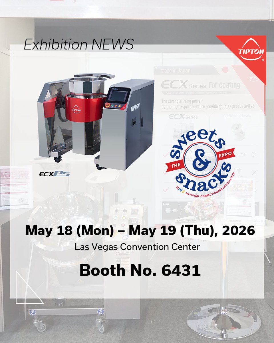 tipton_corp's tweet photo. We will exhibit our coating technology at 「Sweets &amp; Snacks Expo 2026」📣

📆Dates: May, 18th（Mon）-19th（Tue） 2026
📍Venue: Las Vegas Convention Center
📍Booth No. 6431

We look forward to seeing you there✨
#sweetsandsnacks #coatingmachine #granulation #tipton #チップトン https://t.co/U5tqoC3nFo